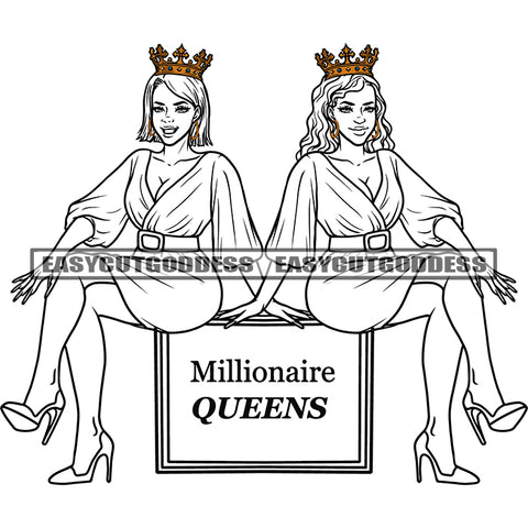 Millionaire Queens Quote African American Cute Woman Sitting On Box Black And White Crown On Head BW Design Element Smile Face Girls SVG JPG PNG Vector Clipart Cricut Silhouette Cut Cutting