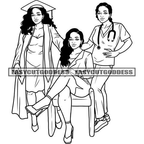 Black And White Afro Graduation Girl Squad African American Graduation Day Doctor Smile Face Wearing Cap And Gown Vector BW SVG JPG PNG Vector Clipart Cricut Silhouette Cut Cutting