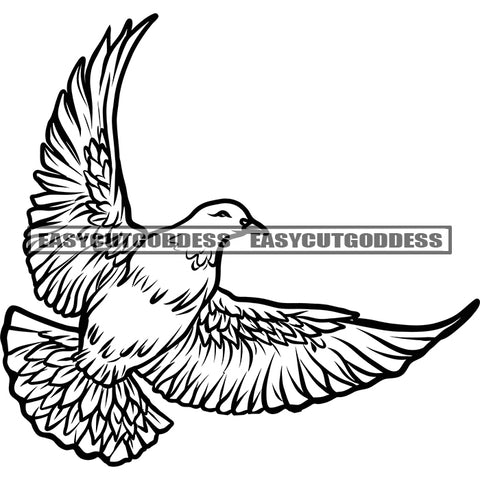 Flaying Dove Bird Wings Romantic Sign Symbol Of Peace Hand Draw Artwork Black And White Design Element Vector SVG JPG PNG Vector Clipart Cricut Silhouette Cut Cutting