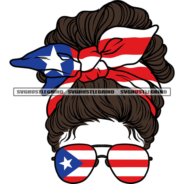 Puerto Rico Flag Momlife American Flag Wearing Sunglasses Messy Bun Hairstyle USA Flag Design Element White Background SVG JPG PNG Vector Clipart Cricut Silhouette Cut Cutting