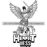 Heart Less Quote Angry Angle Standing On Devil Body Holding Knife Angle Fly Wings Black And White Artwork Vector SVG JPG PNG Vector Clipart Cricut Silhouette Cut Cutting