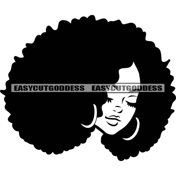 Black And White Afro Woman Curly Hairstyle Face BW Design Element Wearing Earing African American Woman Cute Face Color Design Element SVG JPG PNG Vector Clipart Cricut Silhouette Cut Cutting