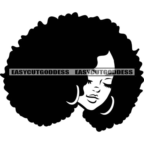 Black And White Afro Woman Curly Hairstyle Face BW Design Element Wearing Earing African American Woman Cute Face Color Design Element SVG JPG PNG Vector Clipart Cricut Silhouette Cut Cutting