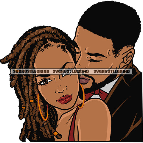 African American Romantic Couple Love Pose Locus Hair Style Vector Color Design Element Wearing Hoop Earing Sexy Pose SVG JPG PNG Vector Clipart Cricut Silhouette Cut Cutting