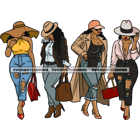 Afro Sisters Women Together Black Woman Morena African American Nubian Wearing Hat Holding Handbag Vector Design Element SVG JPG PNG Vector Clipart Cricut Silhouette Cut Cutting