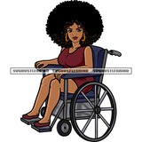 African American Woman Sitting On Wheelchair Wearing Hoop Earing Smile Face Curly Hair Style Happy Woman SVG JPG PNG Vector Clipart Cricut Silhouette Cut Cutting