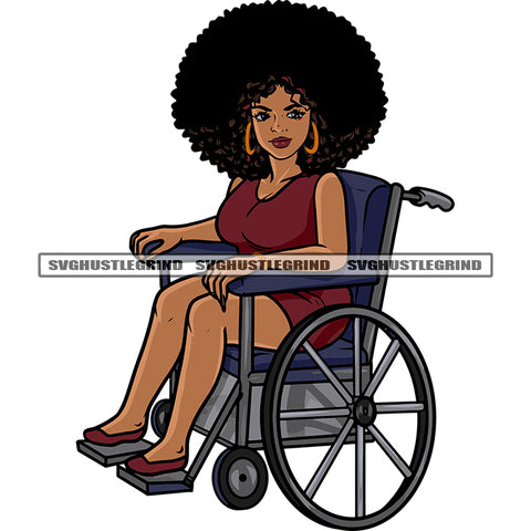 African American Woman Sitting On Wheelchair Wearing Hoop Earing Smile Face Curly Hair Style Happy Woman SVG JPG PNG Vector Clipart Cricut Silhouette Cut Cutting