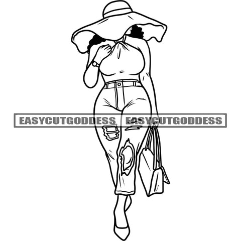 Black And White African American Woman Holding Hand Bag Artwork Wearing Cap Vector Sexy Pose SVG JPG PNG Vector Clipart Cricut Silhouette Cut Cutting