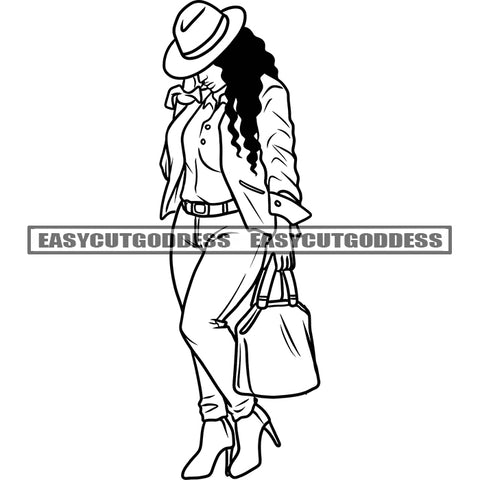 Afro Woman Holding Handbag Black And White Artwork African American Woman Standing Vector Design Element SVG JPG PNG Vector Clipart Cricut Silhouette Cut Cutting