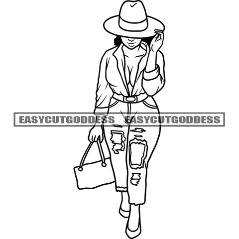 African American Woman Holding Handbag Black And White Artwork Afro Woman Standing Vector BW Design Element SVG JPG PNG Vector Clipart Cricut Silhouette Cut Cutting