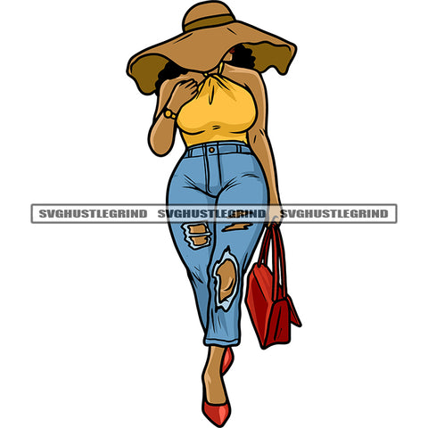 Afro Woman Holding Handbag Color Artwork African American Woman Wearing Hat Standing Vector Design Element SVG JPG PNG Vector Clipart Cricut Silhouette Cut Cutting