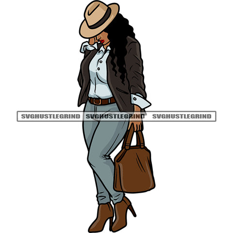 African American Woman Holding Handbag Vector Afro Woman Full Body Curly Hairstyle Wearing Hat Vector Design Element Boss SVG JPG PNG Vector Clipart Cricut Silhouette Cut Cutting