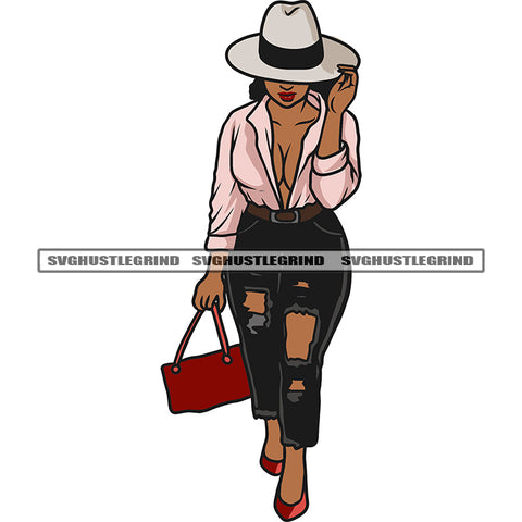 African American Model Woman Holding Handbag Sexy Pose Vector Afro Woman Full Body Curly Hairstyle Wearing Hat Vector Design Element Boss SVG JPG PNG Vector Clipart Cricut Silhouette Cut Cutting