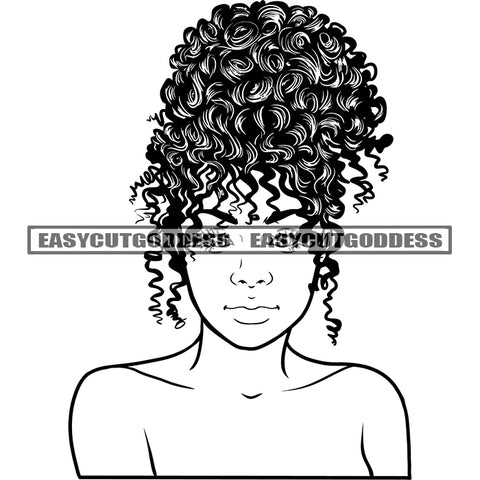 Black And White Afro Woman Praying Hand Curly Hairstyle Vector African American Woman Face Design Element BW SVG JPG PNG Vector Clipart Cricut Silhouette Cut Cutting