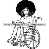 African American Woman Sitting On Wheelchair Black And White Artwork Wearing Hoop Earing Smile Face Curly Hair Style Happy Woman SVG JPG PNG Vector Clipart Cricut Silhouette Cut Cutting