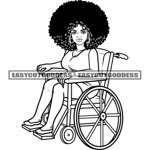 African American Woman Sitting On Wheelchair Black And White Artwork Wearing Hoop Earing Smile Face Curly Hair Style Happy Woman SVG JPG PNG Vector Clipart Cricut Silhouette Cut Cutting