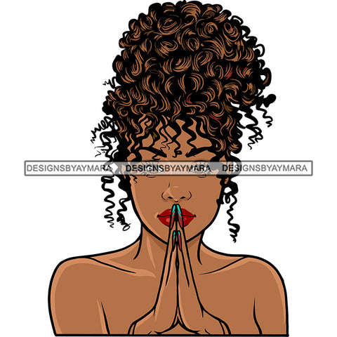 Afro Woman Praying Hand Curly Hairstyle Smile Face Vector African American Woman Face Design Element SVG JPG PNG Vector Clipart Cricut Silhouette Cut Cutting