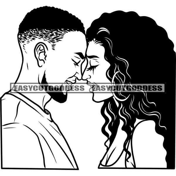 Black And White Afro Cute Couple Smile Face African American Romantic Couple Wearing Hoop Earing Curly Hairstyle Vector BW Design Element SVG JPG PNG Vector Clipart Cricut Silhouette Cut Cutting