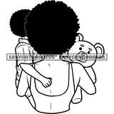 Black And White Afro Woman Holding His Baby And Doll Mom Lover Curly Hairstyle BW Artwork Love Peach Mom Lifestyle Happy Family Vector SVG JPG PNG Vector Clipart Cricut Silhouette Cut Cutting