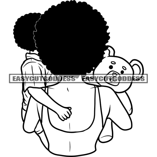 Black And White Afro Woman Holding His Baby And Doll Mom Lover Curly Hairstyle BW Artwork Love Peach Mom Lifestyle Happy Family Vector SVG JPG PNG Vector Clipart Cricut Silhouette Cut Cutting