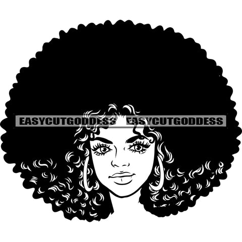 African American Woman Curly Hairstyle Face Design Element Black And White Artwork Wearing Hoop Earing Vector SVG JPG PNG Vector Clipart Cricut Silhouette Cut Cutting