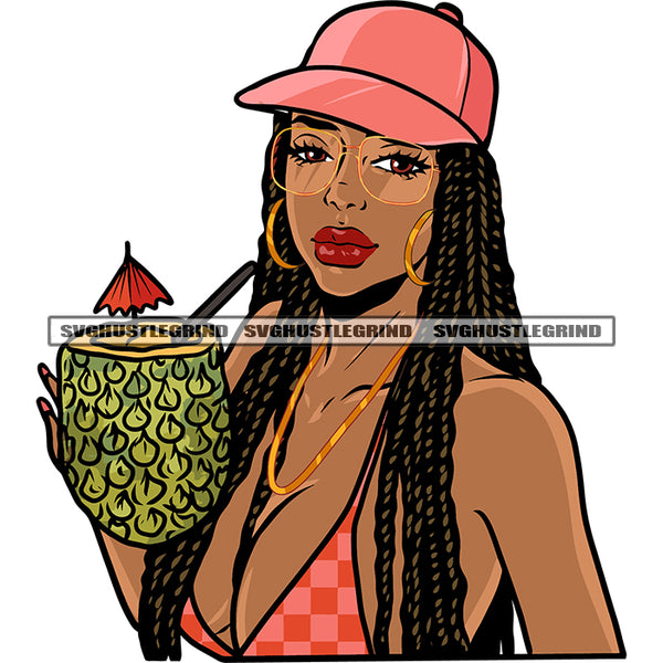Afro Sexy Woman Holding Pineapple Juice Wearing Sunglass And Hat African American Woman Locus Hairstyle Nubian Color Design SVG JPG PNG Vector Clipart Cricut Silhouette Cut Cutting