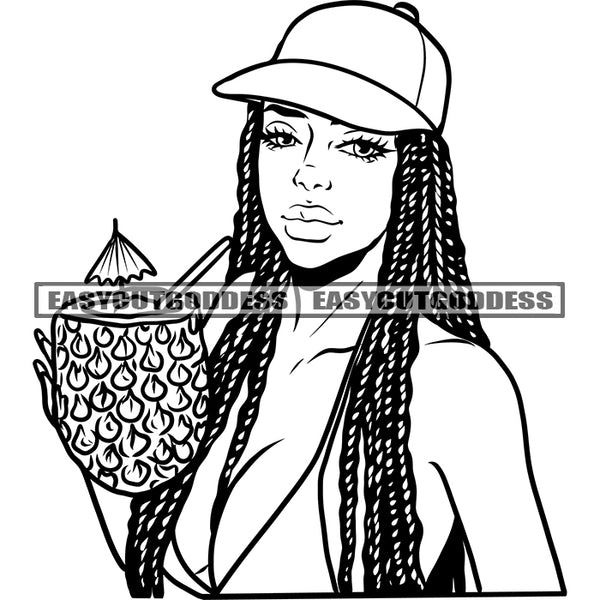 Black And White Afro Sexy Woman Holding Pineapple Juice Wearing Sunglass And Hat African American Woman Locus Hairstyle Nubian BW Design SVG JPG PNG Vector Clipart Cricut Silhouette Cut Cutting