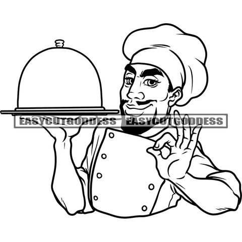 Black And White Ok Hand Sign Hotel Chef Good Chef Happy Face Kitchen Male Chef Food Products Hot Plate On Hand Vector Design Element BW SVG JPG PNG Vector Clipart Cricut Silhouette Cut Cutting