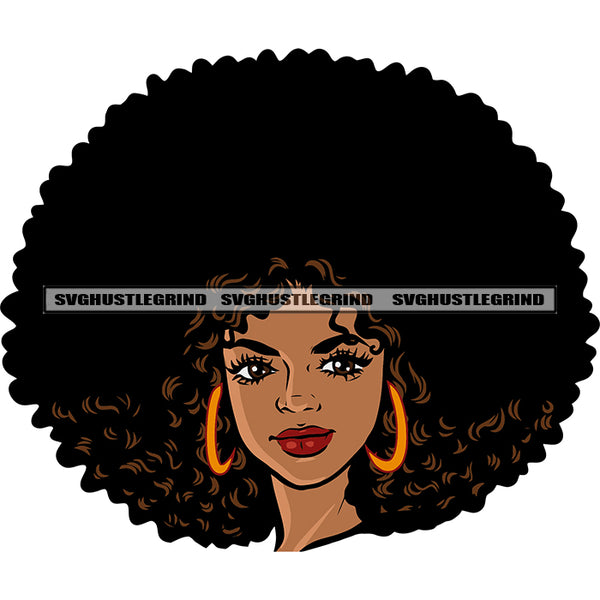 African American Woman Curly Hairstyle Face Color Design Element Smile Face Happy Life Wearing Hoop Earing White Background Vector SVG JPG PNG Vector Clipart Cricut Silhouette Cut Cutting