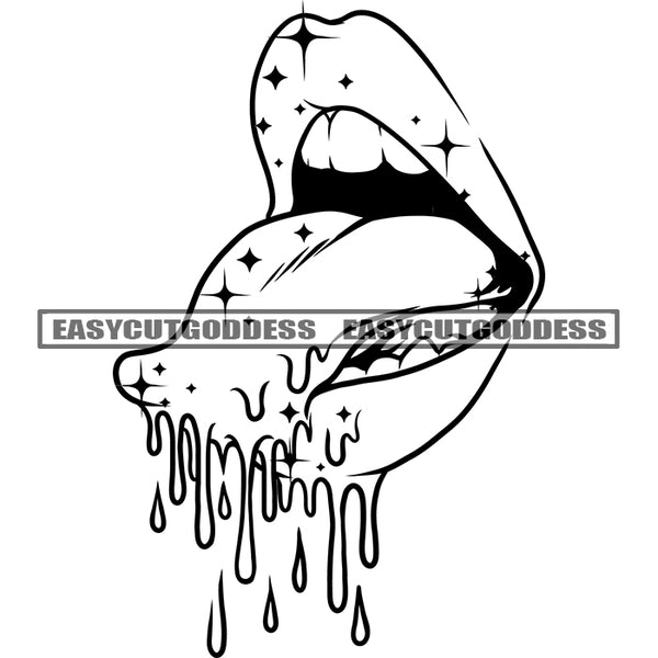 Black And White African American Woman Lips Open Mouth Vector Blood Dripping On Tongue Vector BW Design Element Sexy Pose SVG JPG PNG Vector Clipart Cricut Silhouette Cut Cutting