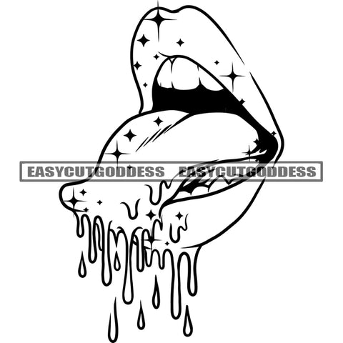 Black And White African American Woman Lips Open Mouth Vector Blood Dripping On Tongue Vector BW Design Element Sexy Pose SVG JPG PNG Vector Clipart Cricut Silhouette Cut Cutting