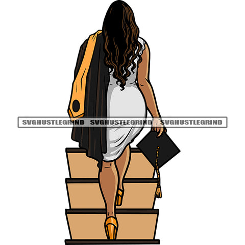 Graduation Woman Walk On Stairs Hand Holding Cap Curly Hairstyle Vector Success Woman Education Gown SVG JPG PNG Vector Clipart Cricut Silhouette Cut Cutting