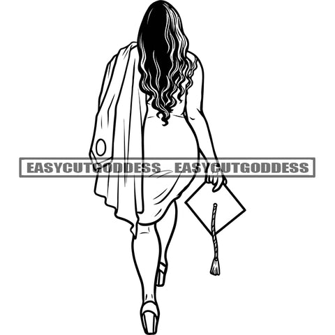 Black And White Graduation Woman Walk Artwork Hand Holding Cap Curly Hairstyle Vector Success Woman Education Gown BW SVG JPG PNG Vector Clipart Cricut Silhouette Cut Cutting