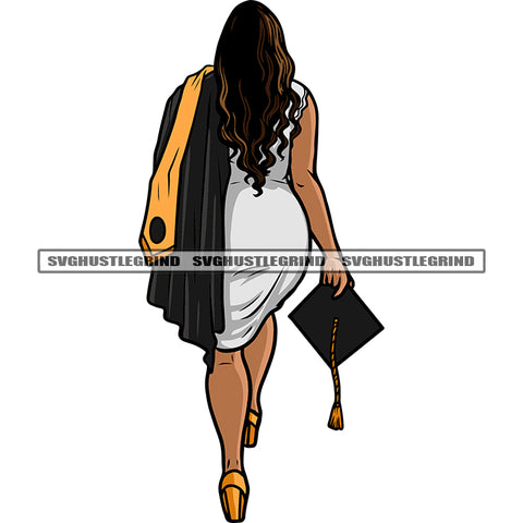 Graduation Woman Walk Artwork Hand Holding Cap Curly Hairstyle Vector Success Woman Education Gown BW SVG JPG PNG Vector Clipart Cricut Silhouette Cut Cutting