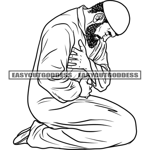 Black And White Muslim Man Praying Hard Praying Knees Man Namaaz Islamic Symbol Muslim Man Doing Salah Salat Design Element SVG JPG PNG Vector Clipart Cricut Silhouette Cut Cutting