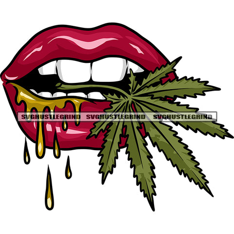 Woman Bite On Weed Marijuana Leaf Liquids Gold Dripping On Lips Afro Woman Lips Red Color Vector Design Element SVG JPG PNG Vector Clipart Cricut Silhouette Cut Cutting