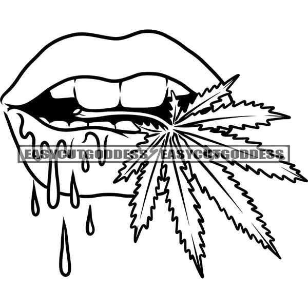 Black And White Woman Bite On Weed Marijuana Leaf Liquids Dripping On Lips Afro Woman Lips BW Color Vector Design Element SVG JPG PNG Vector Clipart Cricut Silhouette Cut Cutting