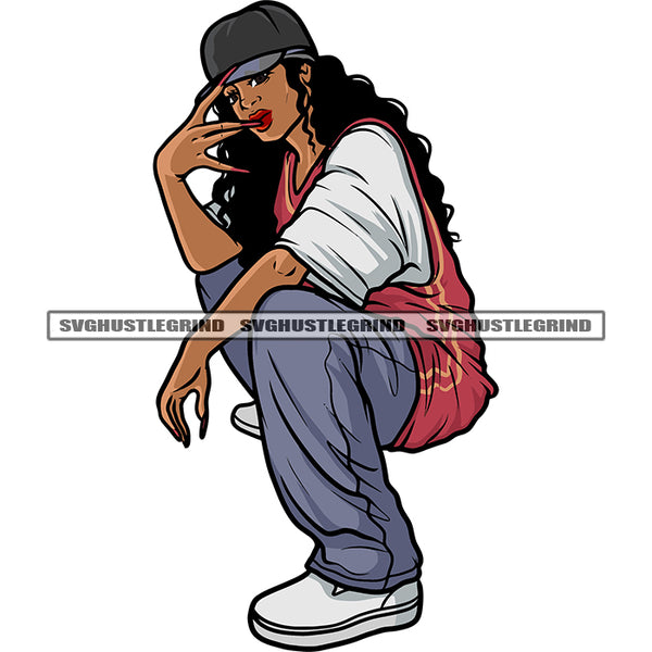 African American Woman Sitting Pose Hip-Hop Swag Girls Vector Color Design Element Wearing Cap Curly Hairstyle SVG JPG PNG Vector Clipart Cricut Silhouette Cut Cutting