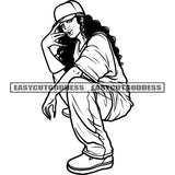 Black And White African American Woman Sitting Pose Hip-Hop Swag Girls Vector BW Design Element Wearing Cap Curly Hairstyle SVG JPG PNG Vector Clipart Cricut Silhouette Cut Cutting