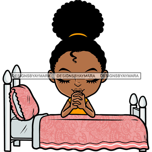 Baby Girls Praying Hand On Bed African American Puffy Hairstyle Smile Face Happy Life Vector White Background Nice Bed Close Eye SVG JPG PNG Vector Clipart Cricut Silhouette Cut Cutting