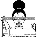 Black And White Baby Girls Praying Hand On Bed African American Puffy Hairstyle Smile Face Happy Life Vector White Background Nice Bed Close Eye SVG JPG PNG Vector Clipart Cricut Silhouette Cut Cutting