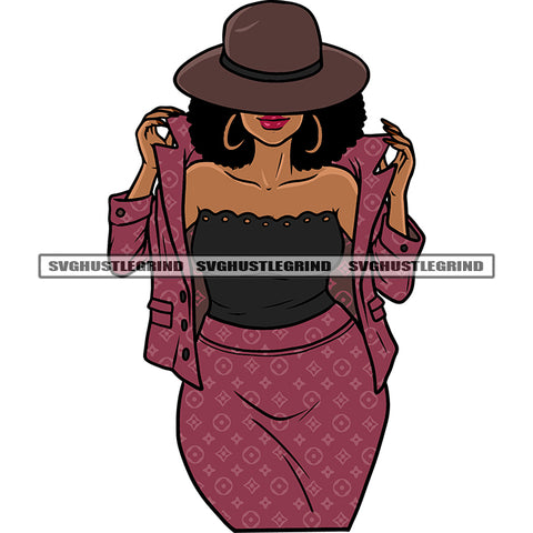 African American Woman Wearing Hat Curly Hair Style Hoop Earrings White Background Sexy Pose SVG JPG PNG Vector Clipart Cricut Silhouette Cut Cutting