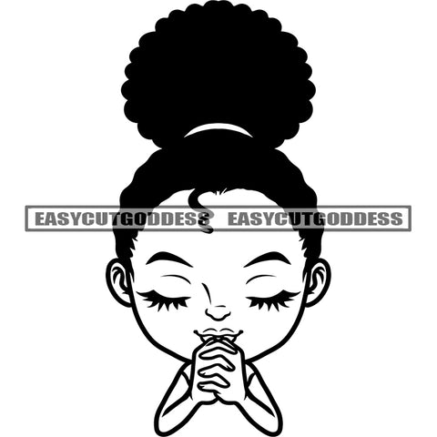 Afro Baby Girls Praying Hand Puffy Hairstyle Black And White African American Girls Cute Face Smile Happy Life Vector SVG JPG PNG Vector Clipart Cricut Silhouette Cut Cutting