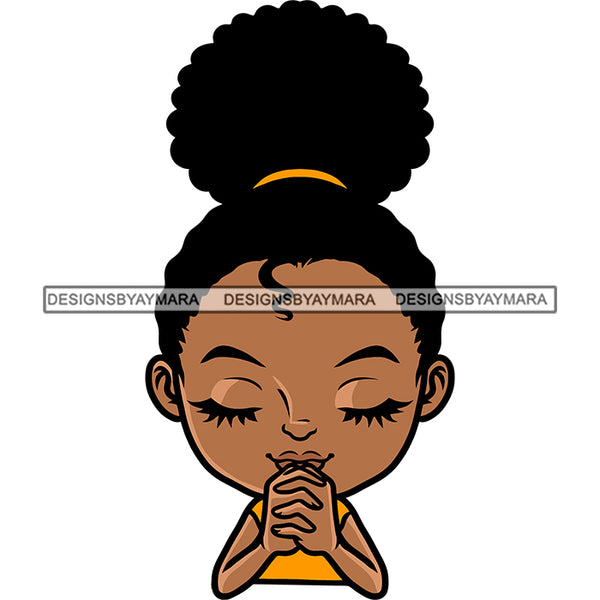 Afro Baby Girls Praying Hand Puffy Hairstyle African American Girls Cute Face Smile Happy Life BW Vector SVG JPG PNG Vector Clipart Cricut Silhouette Cut Cutting