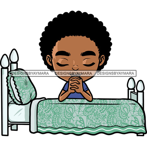 Afro Baby Girls Praying Hand On Bed Puffy Hairstyle African American Girls Cute Face Smile Happy Life BW Vector SVG JPG PNG Vector Clipart Cricut Silhouette Cut Cutting