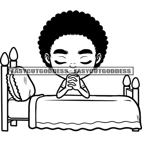 Black And White Afro Baby Girls Praying Hand On Bed Puffy Hairstyle African American Girls Cute Face Smile Happy Life BW Vector SVG JPG PNG Vector Clipart Cricut Silhouette Cut Cutting