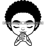 Black And White Afro Baby Girls Praying Hand Puffy Hairstyle African American Girls Cute Face Smile Happy Life BW Vector SVG JPG PNG Vector Clipart Cricut Silhouette Cut Cutting