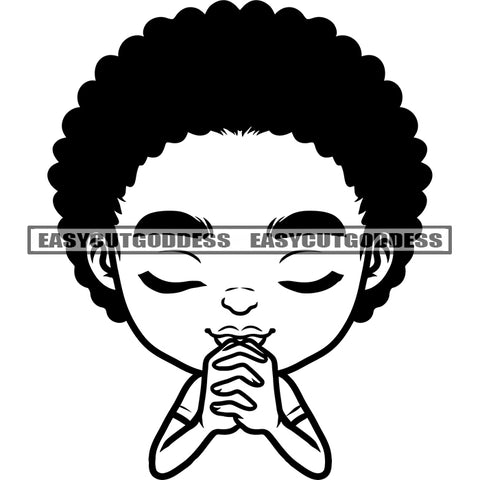 Black And White Afro Baby Girls Praying Hand Puffy Hairstyle African American Girls Cute Face Smile Happy Life BW Vector SVG JPG PNG Vector Clipart Cricut Silhouette Cut Cutting