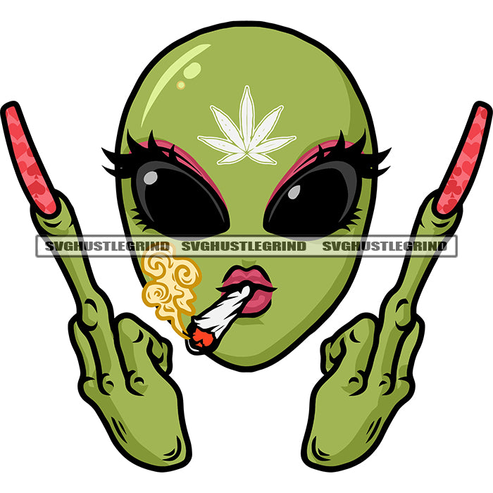 Green Alien Smoking Face Alien Showing Middle Finger Eyes Big Red Colo ...