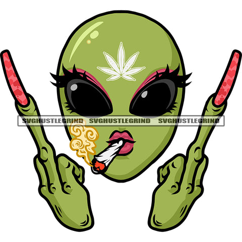 Green Alien Smoking Face Alien Showing Middle Finger Eyes Big Red Color Long Nail Vector Design Element Danger Alien SVG JPG PNG Vector Clipart Cricut Silhouette Cut Cutting